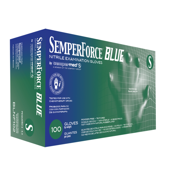 SemperForce Nitrile Exam Glove, Blue, PF, Textured, SM, Bx/100