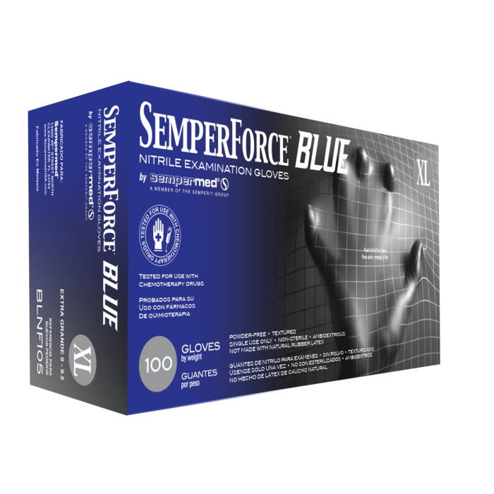 SemperForce Nitrile Exam Glove, Blue, PF, Textured, XLG, Bx/100