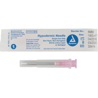 Hypodermic Needle - Non-Safety, 18G, 1" needle, BX/100-Dynarex-Integrated MedCraft