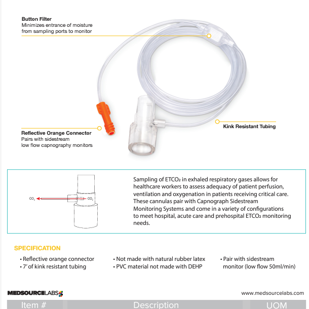 Intubated ETCO2 Sampling Line w/ T-Connector, Orange Luer w/ Reflective Conn., Filter, 7ft., Bx/25-Integrated MedCraft