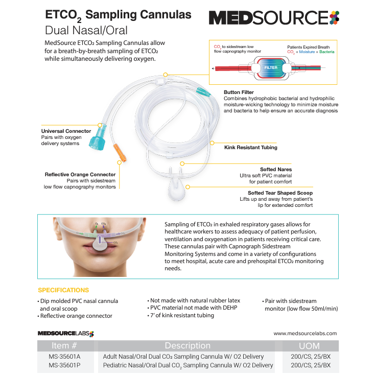 Pediatric Nasal/Oral ETCO2 Sampling Cannula w/ O2 Delivery, 7ft., BX/25-Integrated MedCraft