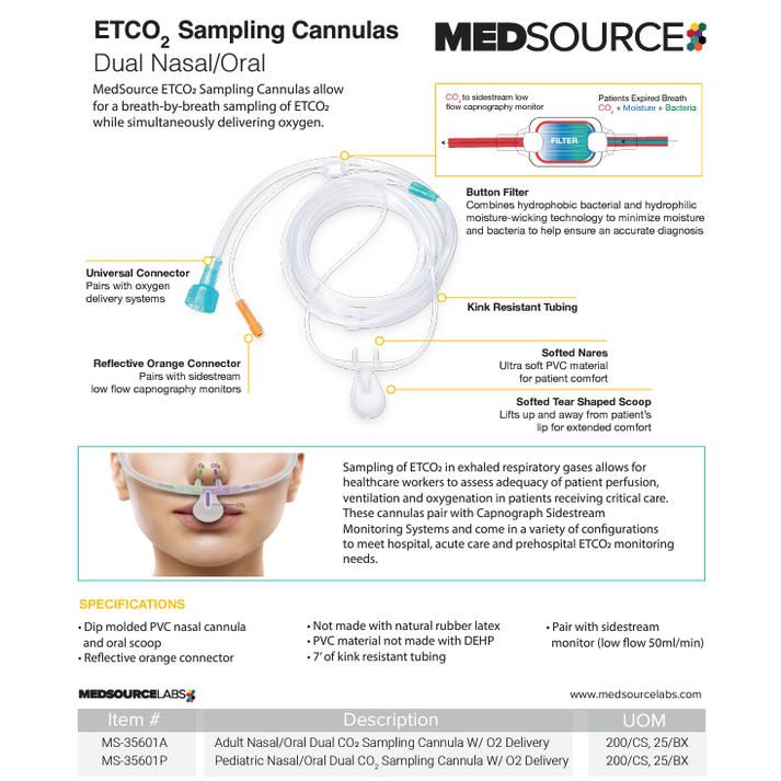 Pediatric Nasal/Oral ETCO2 Sampling Cannula w/ O2 Delivery, 7ft., BX/2 ...
