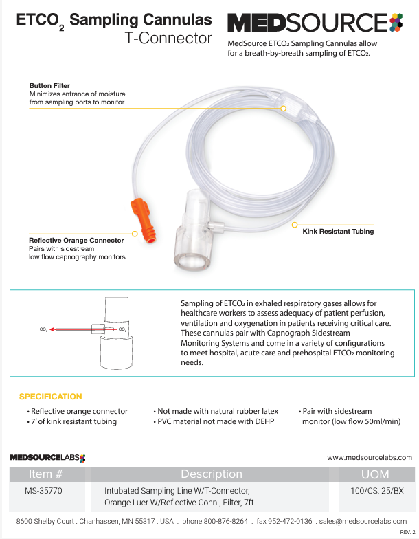 Intubated ETCO2 Sampling Line w/ T-Connector, Orange Luer w/ Reflective Conn., Filter, 7ft., Bx/25